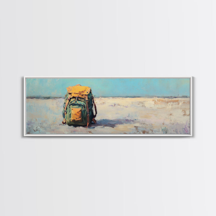 Lonely Backpack On Beach Canvas Print, Minimalist Coastal Landscape Art, Travel Wall Decor, Adventure Gift For Him, Office Decor