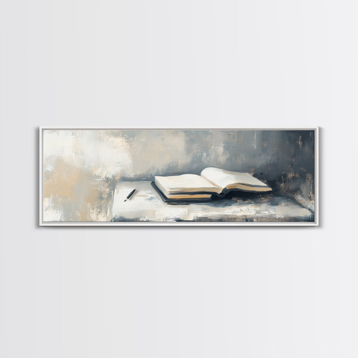 Open Book And Pen Wall Art, Minimalist Literary Canvas Print, Neutral Office Decor, Library Reading Nook Gift For Her, Home Decor