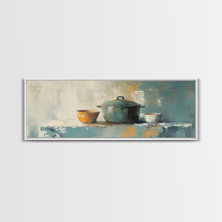 Blue Pot And Bowls Kitchen Wall Art, Rustic Farmhouse Decor, Modern Still Life Canvas Print, Cozy Dining Room Decor, Home Decor