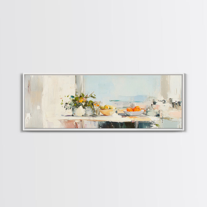 Sunlit Kitchen Counter With Flowers Wall Art, Fruit Still Life Canvas Print, Modern Farmhouse Dining Room Home Decor, Wall Decor