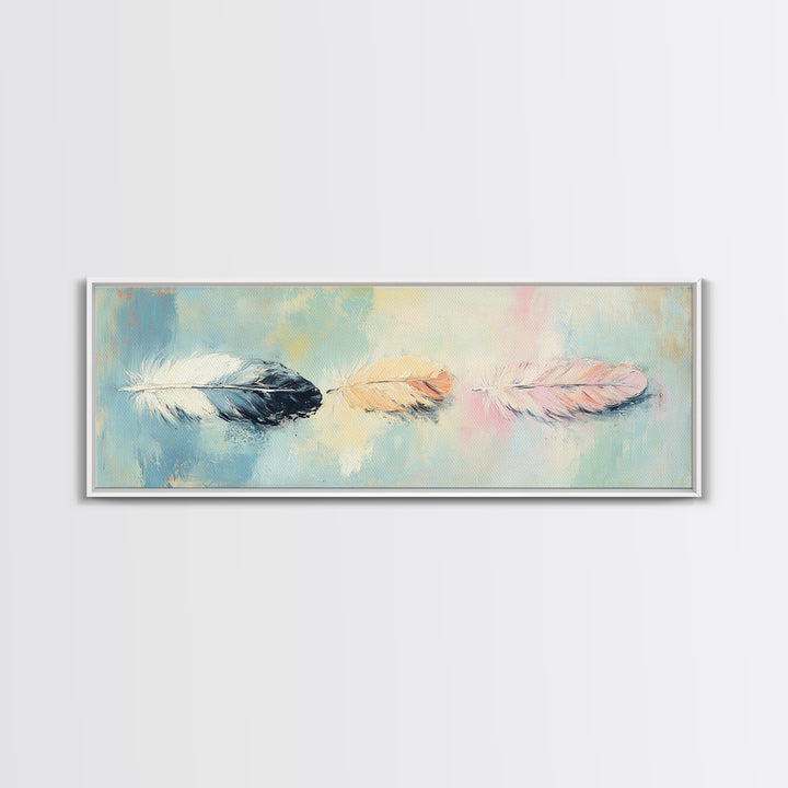 Three Pastel Feathers On Blue Wall Art, Boho Canvas Print For Nursery, Bedroom, Feminine Decor, Soft Coastal Home Decor Gift