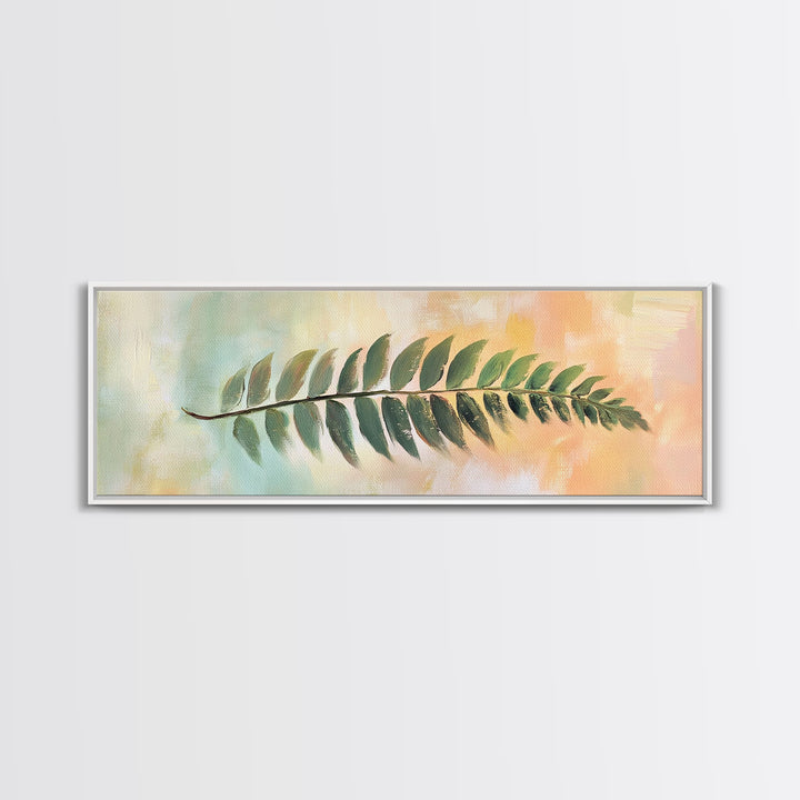 Green Fern Leaf On Pastel Abstract Wall Art, Botanical Canvas Print For Bathroom, Nature Decor, Sage Green Living Room Art