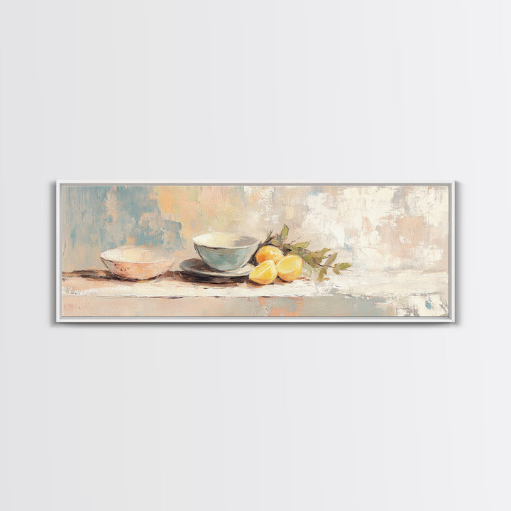Blue Bowls And Lemons Still Life Canvas Print, Modern Kitchen Wall Art, Food Decor, Citrus Painting, Home Decor, Housewarming Gift