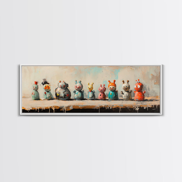 Whimsical Monster Figurines Wall Art, Quirky Kids Room Decor, Playroom Art Print, Colorful Eclectic Nursery Canvas Print