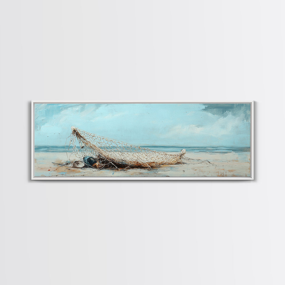 Weathered Fishing Net On Beach Canvas Print, Coastal Wall Art, Nautical Decor, Seascape Painting, Beach House Rustic Home Decor Gift