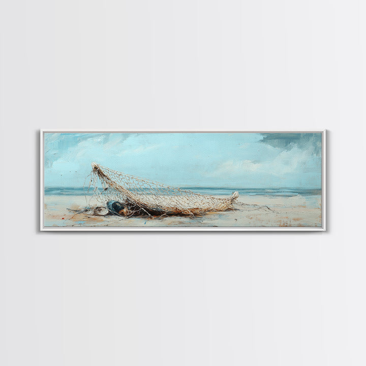 Weathered Fishing Net On Beach Canvas Print, Coastal Wall Art, Nautical Decor, Seascape Painting, Beach House Rustic Home Decor Gift
