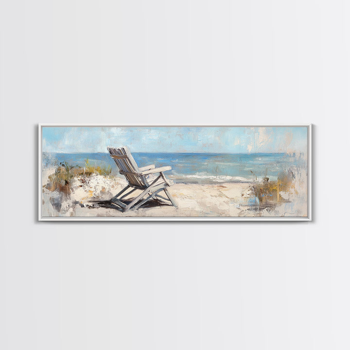 White Beach Chair Ocean View Framed Canvas Print, Coastal Wall Art For Beach House Decor Living Room Decor And Housewarming Gift