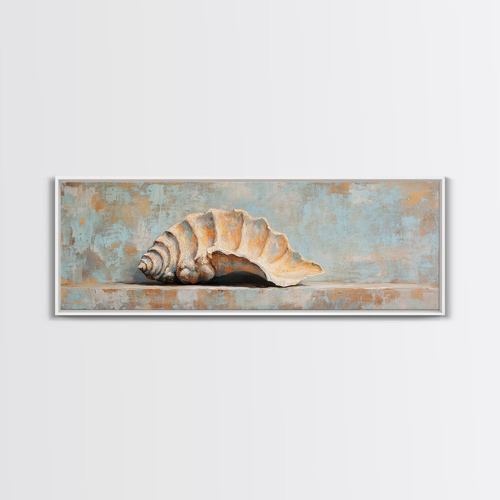 Rustic Seashell Still Life Wall Art, Coastal Beach House Canvas Print, Nautical Bathroom Decor, Ocean Shell Painting Gift