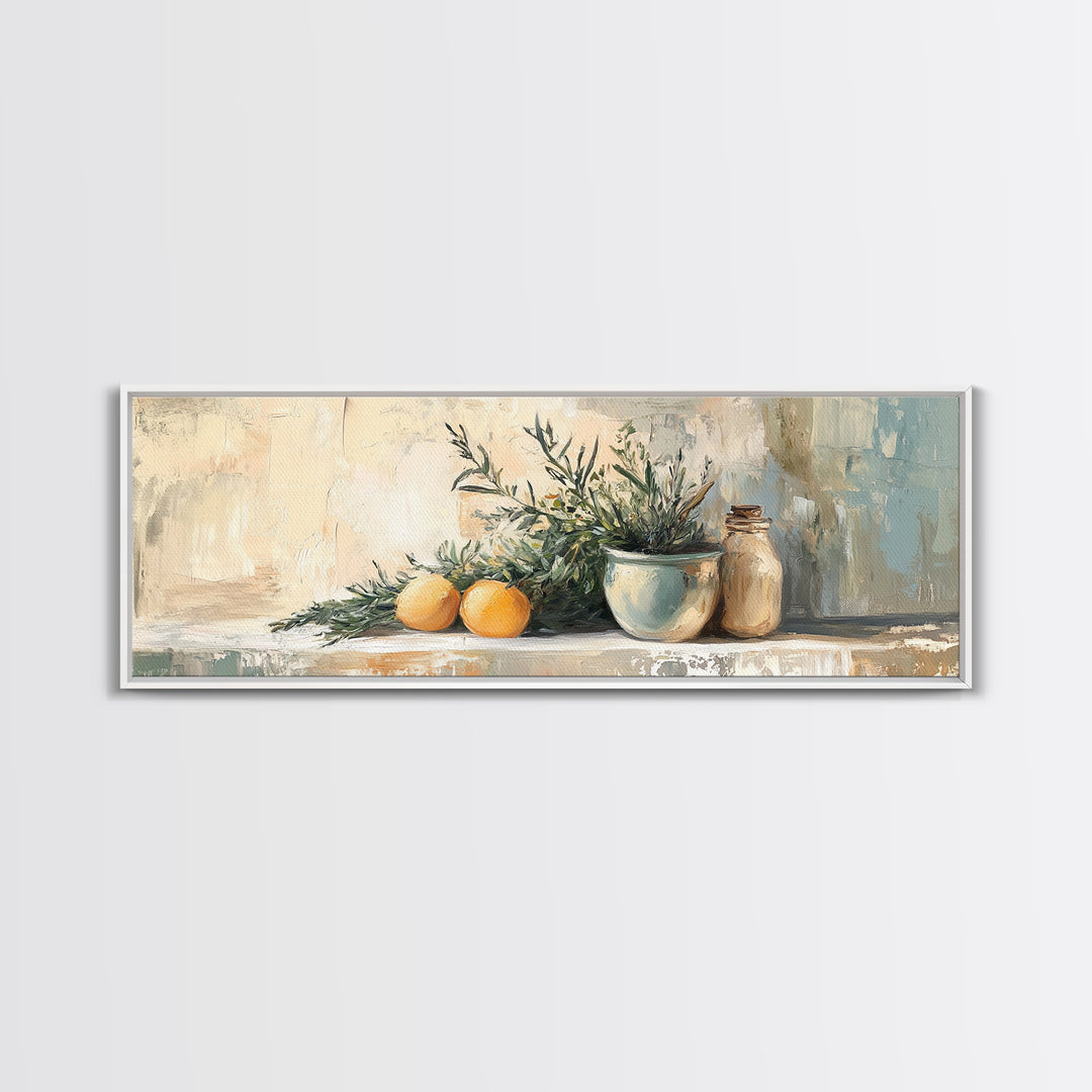 Olive Branch And Citrus Still Life Wall Art, Rustic Kitchen Canvas Print, Farmhouse Country Decor, Mediterranean Art Print