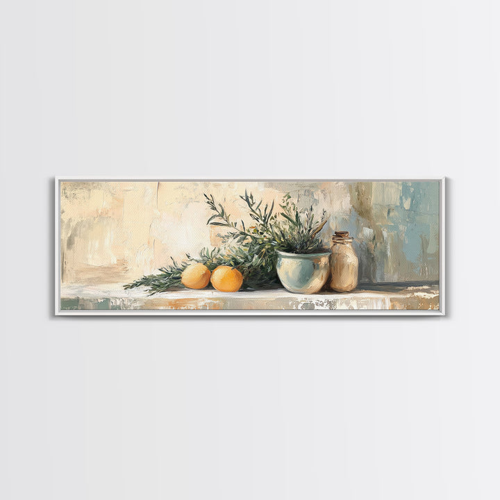 Olive Branch And Citrus Still Life Wall Art, Rustic Kitchen Canvas Print, Farmhouse Country Decor, Mediterranean Art Print