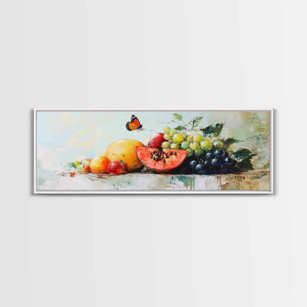 Tropical Fruit And Butterfly Still Life Wall Art, Colorful Kitchen Canvas Print, Summer Farmhouse Decor, Food Lover Gift Art Print
