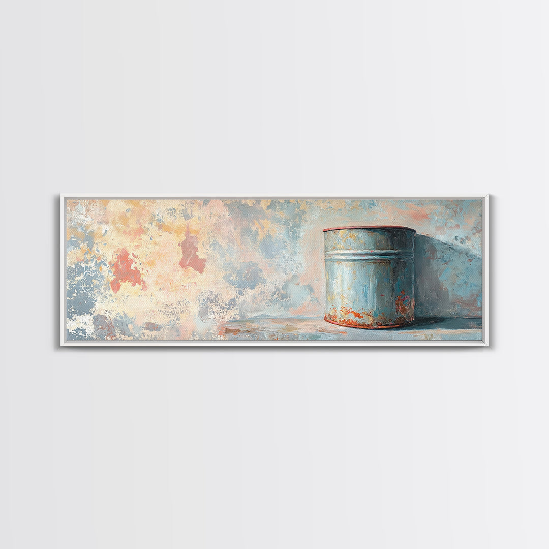 Weathered Blue Tin Can Still Life Wall Art, Rustic Farmhouse Canvas Print, Industrial Kitchen Decor, Textured Painting Print