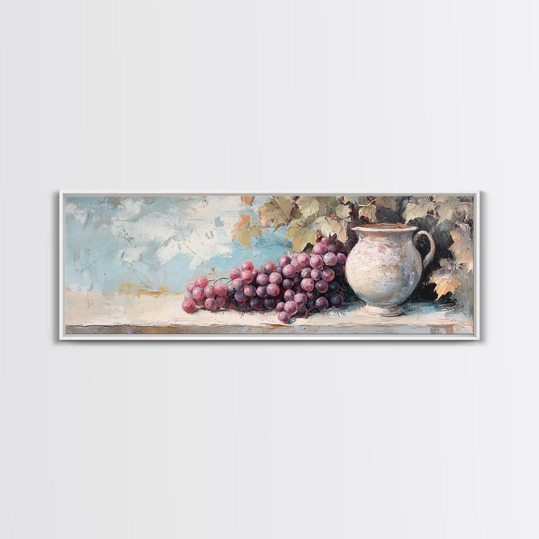 Purple Grapes And Rustic Pitcher Framed Canvas Print, Winery Wall Art, French Country Decor, Kitchen Wall Decor, Gift For Her