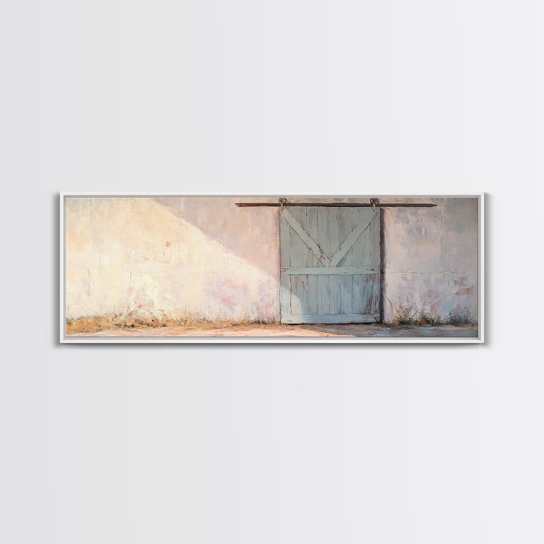 Blue Sliding Barn Door Wall Art, Rustic Farmhouse Decor, Country Wall Decor, Minimalist Landscape Print, Housewarming Gift