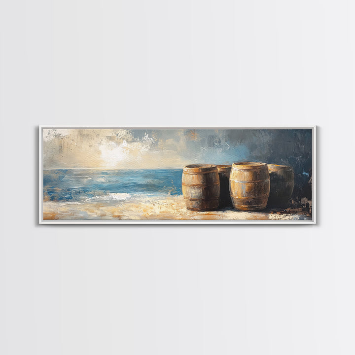 Weathered Barrels By The Sea Wall Art, Coastal Rustic Decor, Nautical Canvas Print For Beach House Living Room Wall Decor Gift