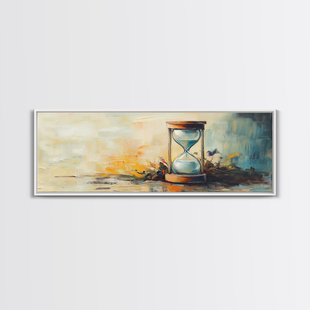 Hourglass Sunset Still Life Wall Art, Long Horizontal Canvas, Neutral Coastal Decor, Abstract Painting, Living Room Print