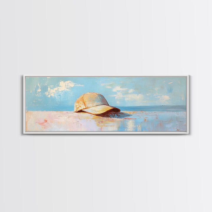 Sunlit Baseball Cap On Sandy Blue Shore Wall Art, Coastal Beach House Decor, Nautical Living Room Print, Gift For Him, Home Decor
