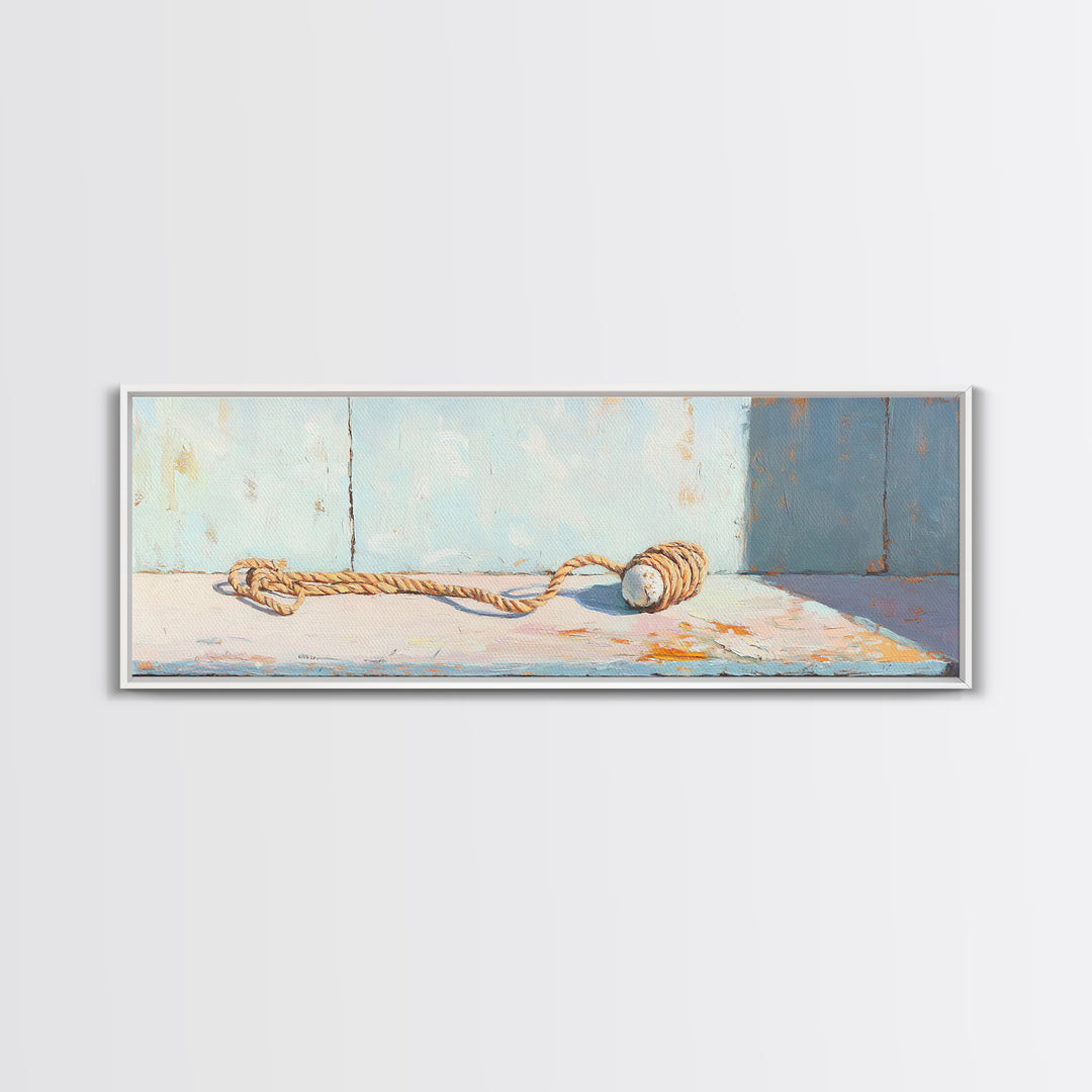 Weathered Rope And Wood Float Canvas Print, Nautical Coastal Wall Art, Beach House Decor, Rustic Bathroom Wall Decor, Ocean Wall Art