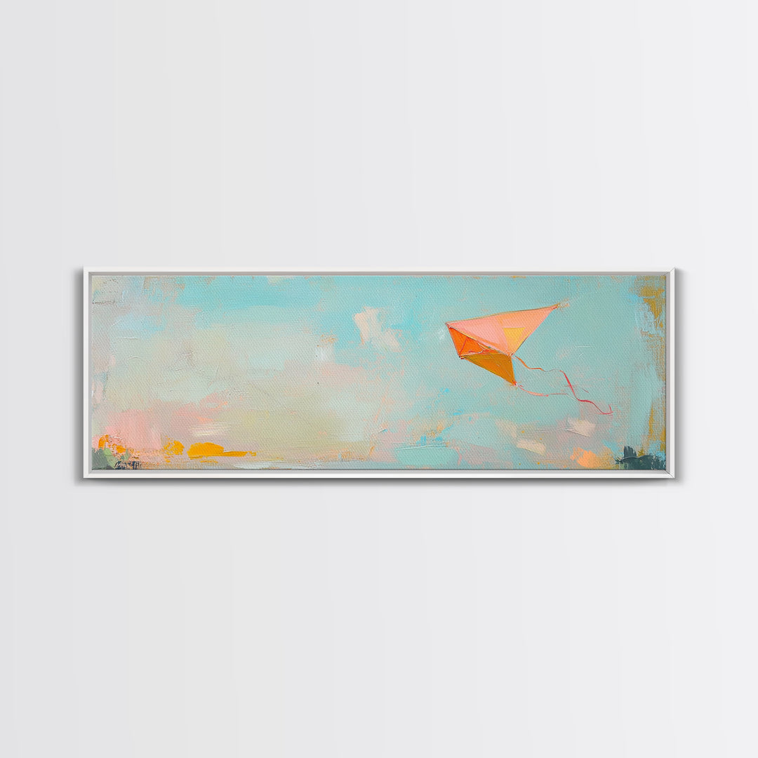 Orange Kite In Blue Summer Sky Canvas Print, Whimsical Nursery Wall Art, Coastal Kids Room Decor, Playful Gift For Her, Dopamine Decor