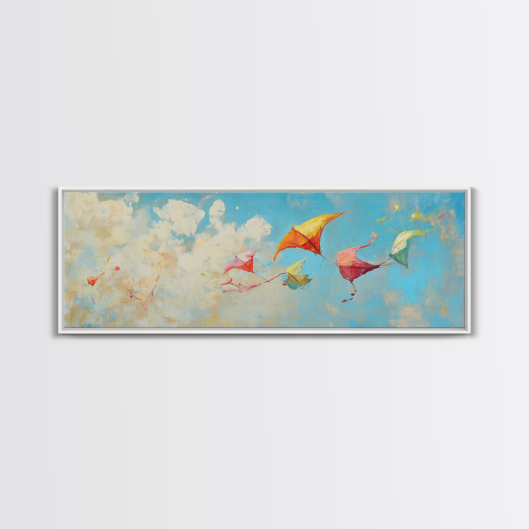 Colorful Kites Drifting Through Clouds Wall Art, Whimsical Kids Room Canvas Print, Playroom Decor, Nursery Wall Art Gift
