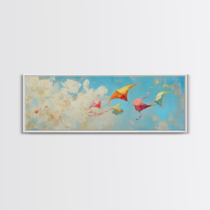 Colorful Kites Drifting Through Clouds Wall Art, Whimsical Kids Room Canvas Print, Playroom Decor, Nursery Wall Art Gift