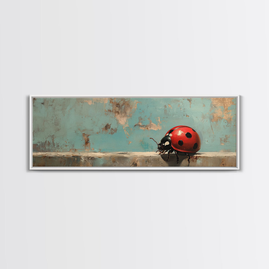 Red Ladybug On Weathered Blue Wall Art, Whimsical Animal Canvas Print, Nature Wall Decor, Kids Room Art, Garden Decor Gift