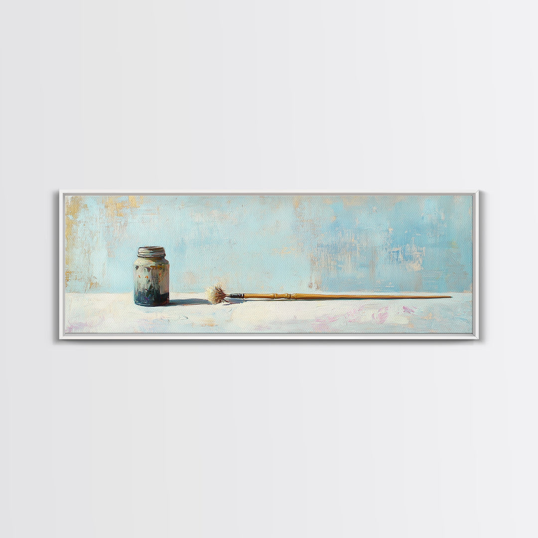 Rustic Paint Jar And Brush Canvas Print, Artist Studio Wall Decor, Minimal Still Life Art Print, Creative Office Decor Gift