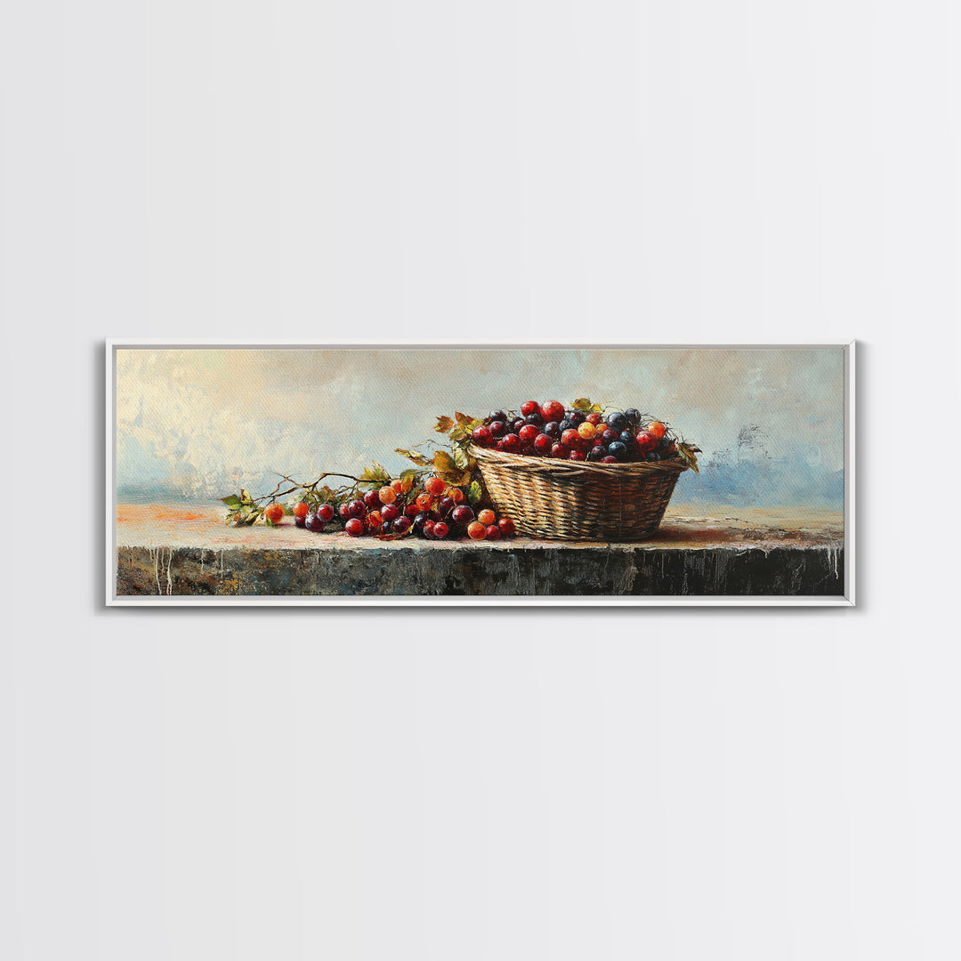 Basket Of Red Cherries Still Life Wall Art, Rustic Kitchen Decor, Fruit Painting Print, Farmhouse Dining Room Wall Decor