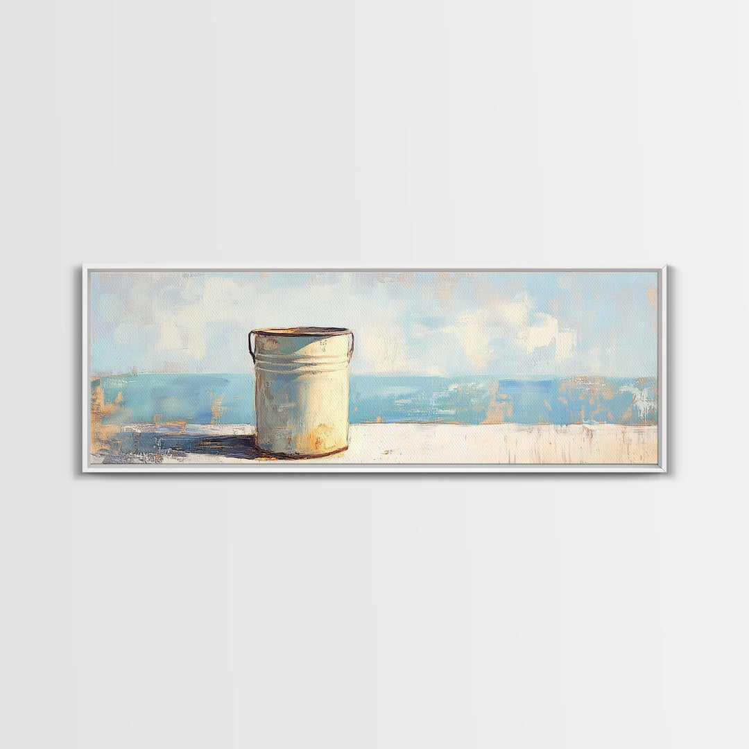 White Enamel Pail By The Sea Canvas Print, Coastal Farmhouse Wall Decor, Beach House Art, Rustic Nautical Kitchen Decor Print
