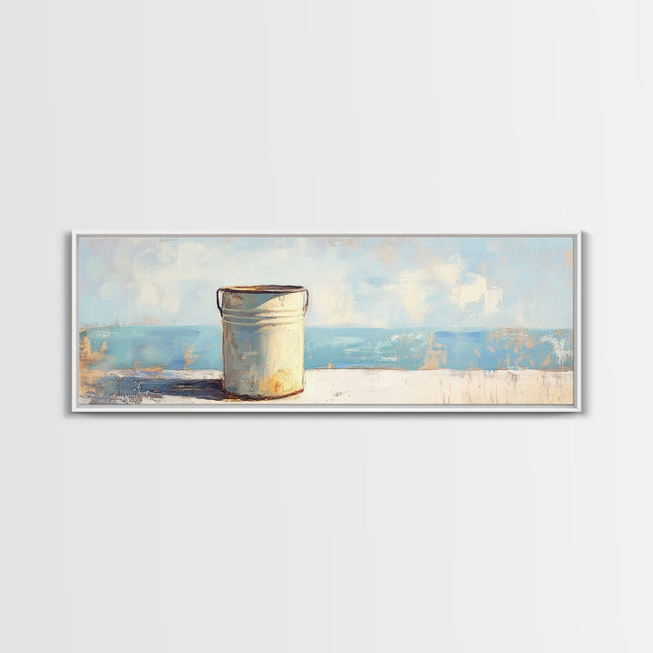 White Enamel Pail By The Sea Canvas Print, Coastal Farmhouse Wall Decor, Beach House Art, Rustic Nautical Kitchen Decor Print