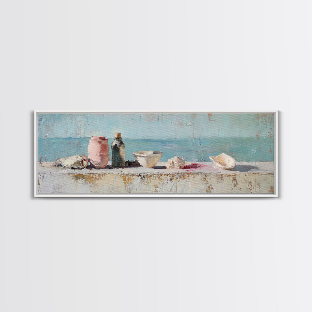 Coastal Seashell Still Life Wall Art, Beach House Canvas Print, Ocean Bathroom Decor, Nautical Kitchen Art, Gift For Her