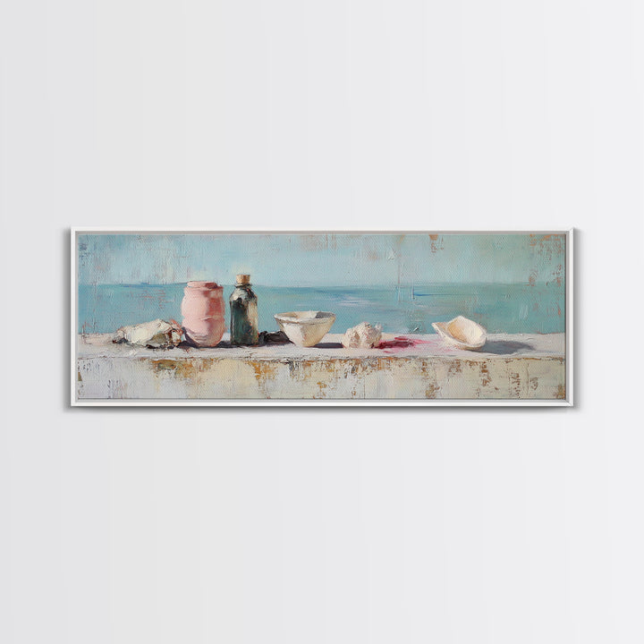 Coastal Seashell Still Life Wall Art, Beach House Canvas Print, Ocean Bathroom Decor, Nautical Kitchen Art, Gift For Her