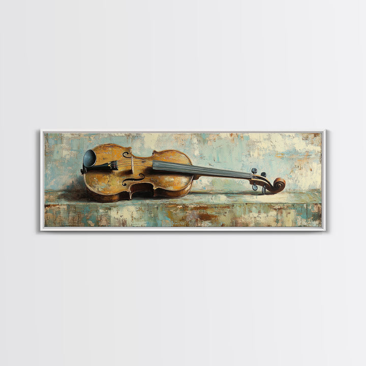 Antique Violin On Weathered Blue Table Framed Canvas Print, Music Room Wall Art, Rustic Studio Decor, Gifts For Musicians