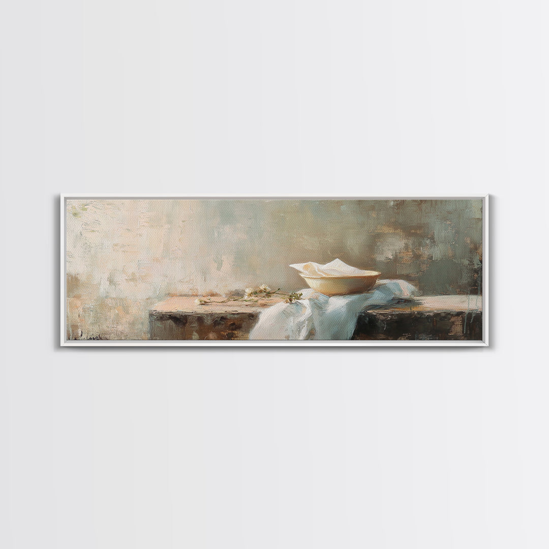 White Bowl Still Life On Linen Canvas Print, Minimalist Kitchen Wall Art, Neutral Wabi Sabi Decor, Calm Dining Room Print