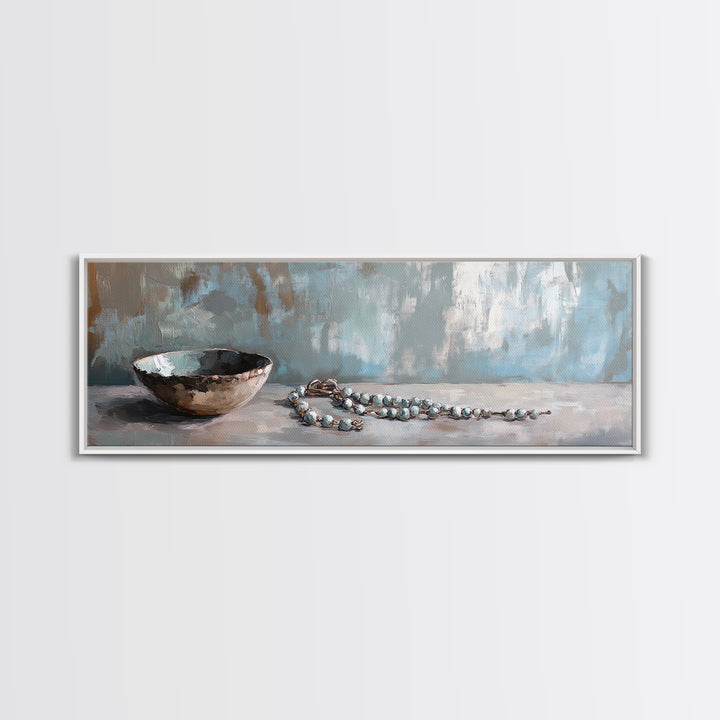 Rustic Bowl And Turquoise Beads Still Life Wall Art, Neutral Blue Home Decor, Wabi Sabi Canvas Art, Minimalist Office Decor