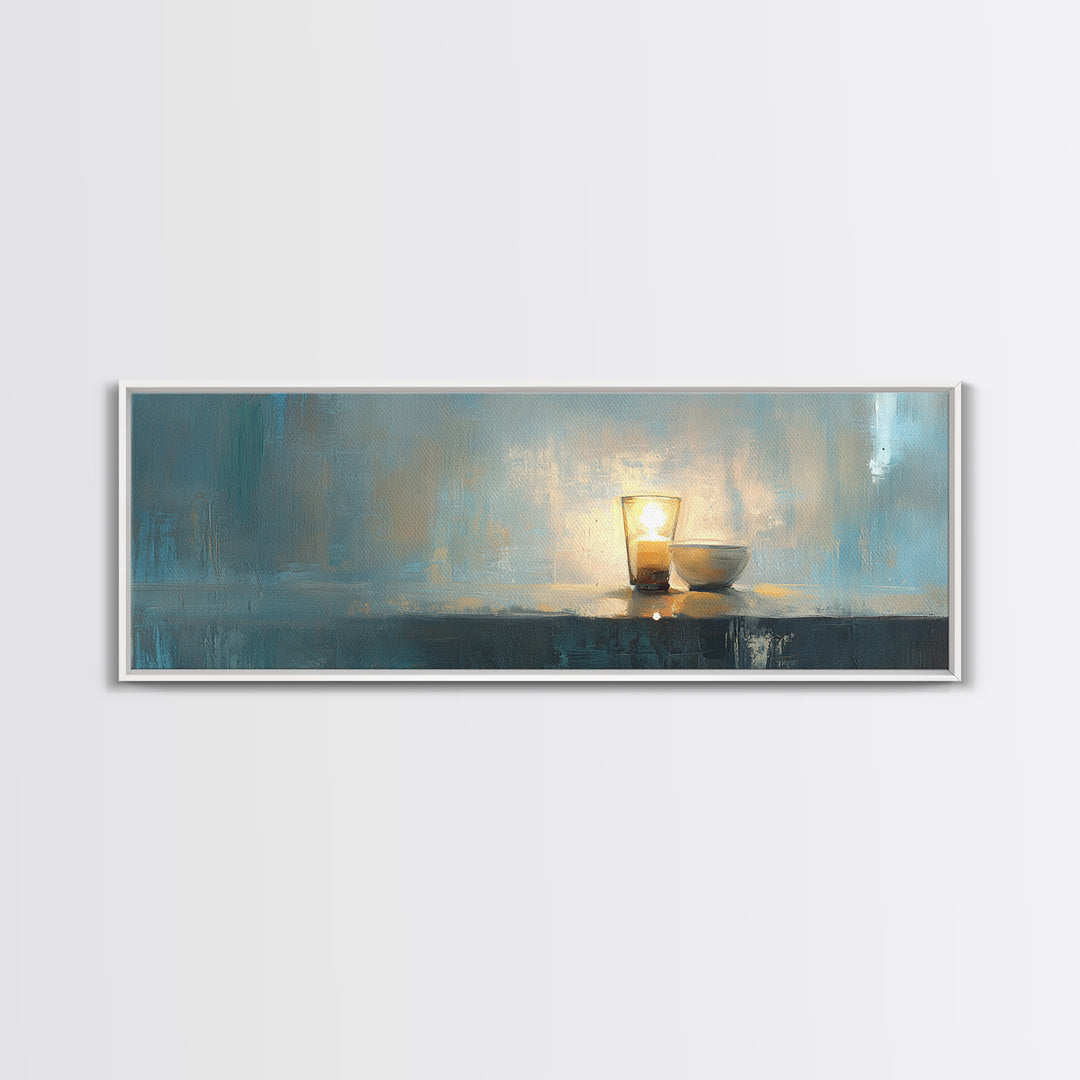Glowing Candle And Small Bowl Minimalist Wall Art, Blue Wabi Sabi Home Decor, Calming Canvas Print, Zen Dining Room Decor