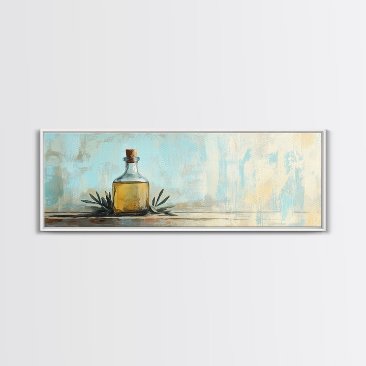 Amber Bottle And Green Leaves Wall Art, Minimalist Still Life Canvas Print, Rustic Kitchen Decor, Modern Farmhouse Home Decor