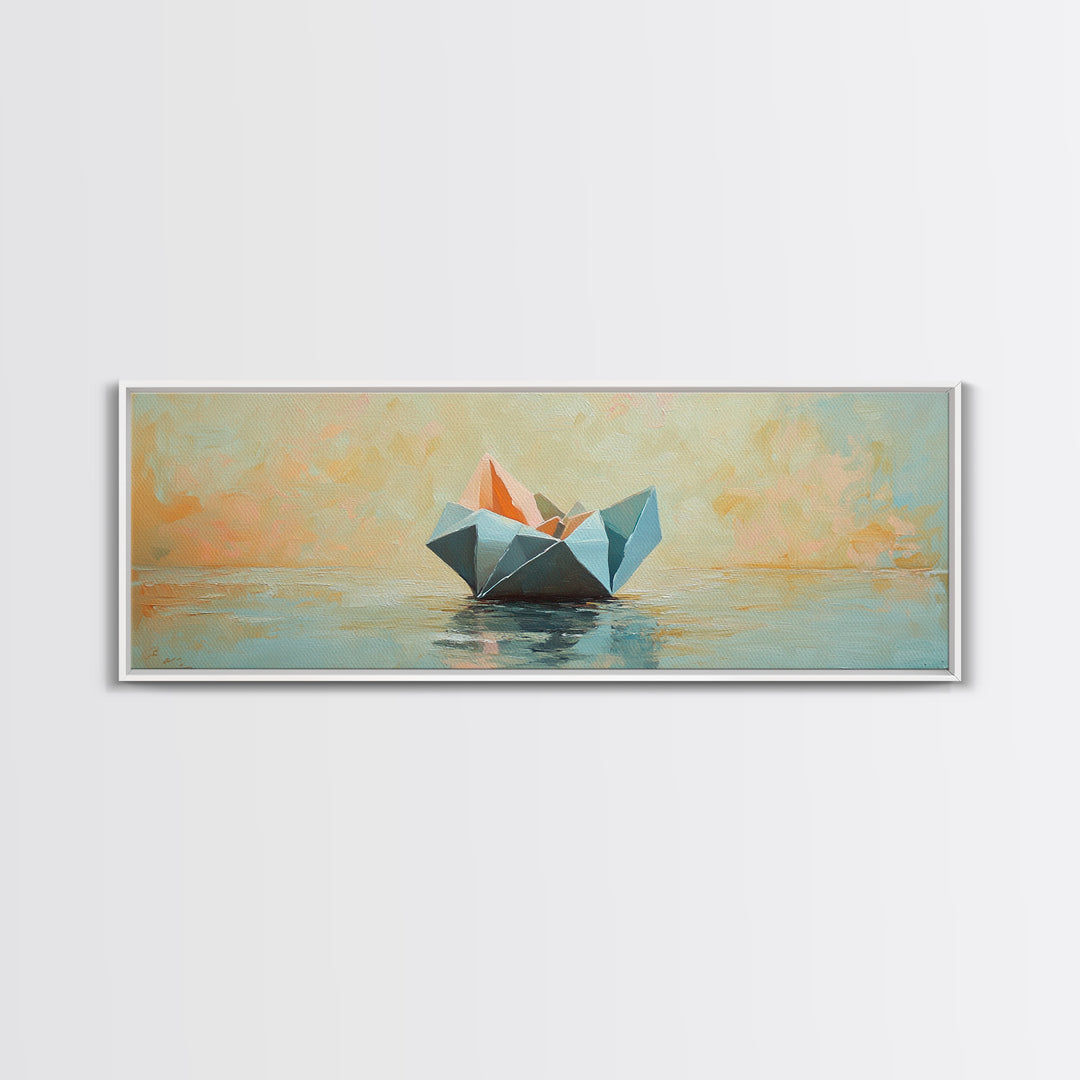 Origami Paper Boat On Calm Water Canvas Print, Coastal Wall Art, Nautical Home Decor, Beach House Living Room Decor, Above Sofa Art