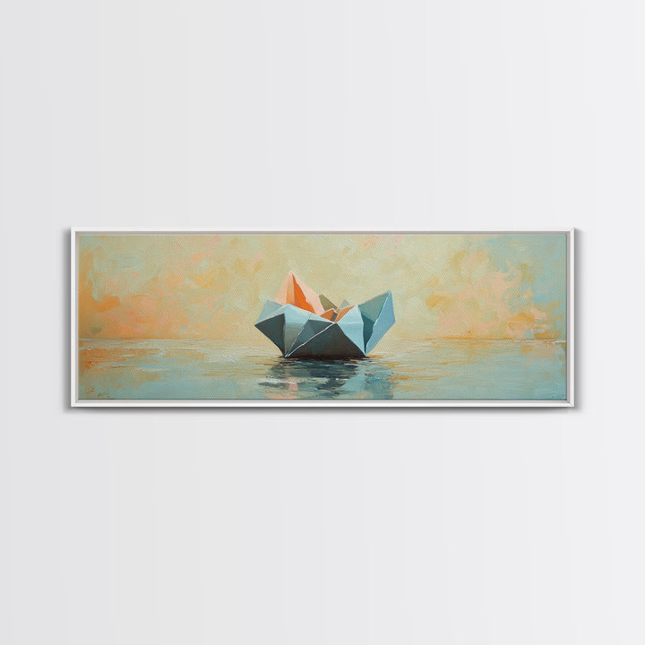 Origami Paper Boat On Calm Water Canvas Print, Coastal Wall Art, Nautical Home Decor, Beach House Living Room Decor, Above Sofa Art