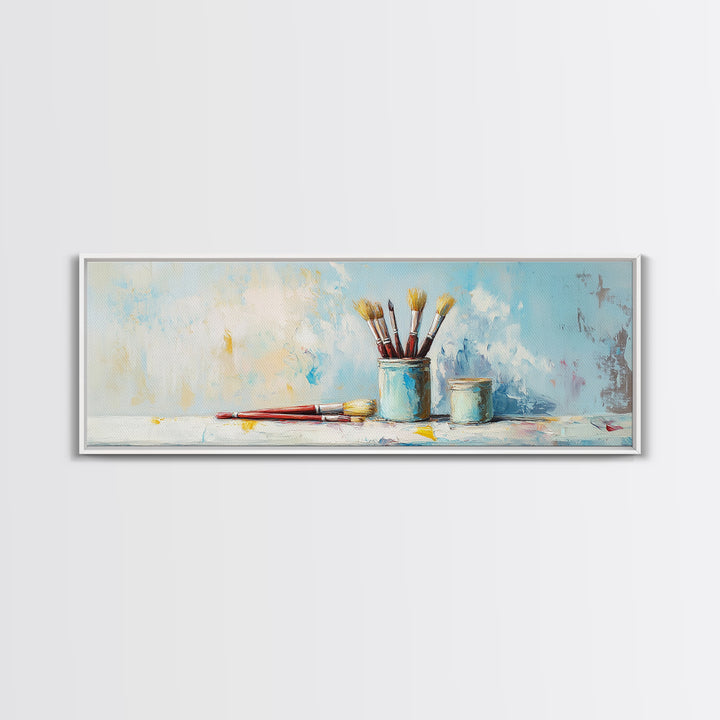 Blue Jars With Artist Brushes Canvas Print, Paint Studio Wall Art, Creative Office Decor, Modern Gallery Wall Art Print, Gift For Art Lover