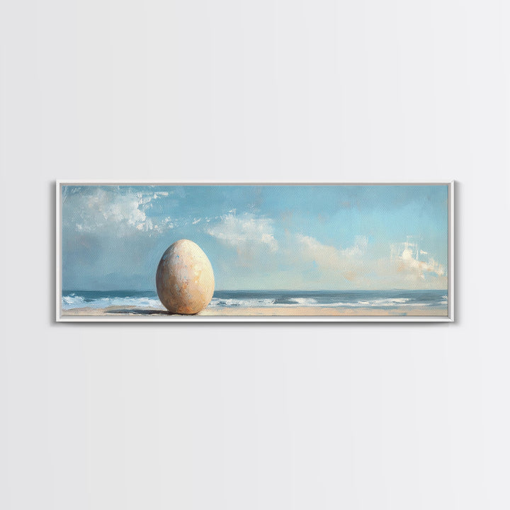 Large Egg On Quiet Shore Canvas Print, Surreal Beach Wall Art, Coastal Home Decor, Modern Seascape Living Room Decor, Ocean Art