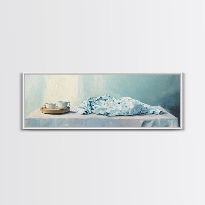 White Tea Cups And Blue Draped Cloth Canvas Print, Serene Still Life Wall Art, Minimalist Kitchen Decor, Cozy Home Decor
