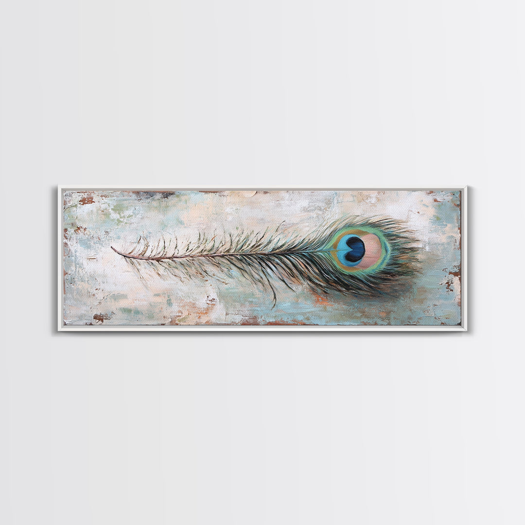 Peacock Feather On Distressed Blue Texture Wall Art, Long Horizontal Canvas, Rustic Coastal Decor, Boho Nature Print, Gift For Her