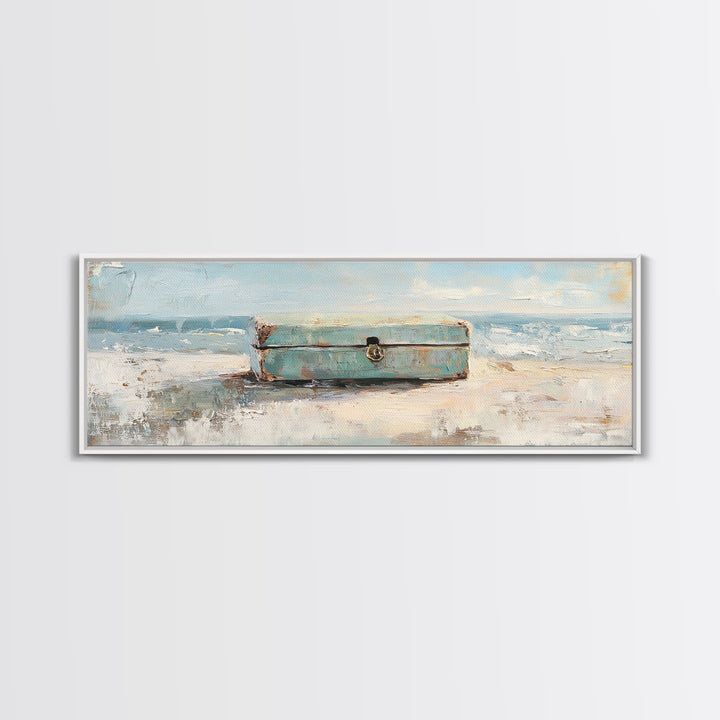 Weathered Blue Trunk On Sandy Beach Canvas Print, Coastal Wall Art, Ocean Seascape Decor, Nautical Housewarming Gift, Beach House Decor