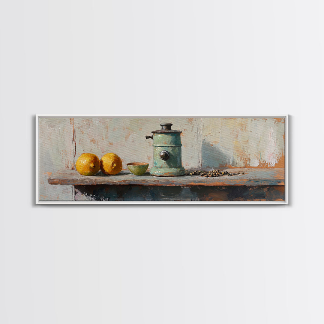 Rustic Coffee Grinder With Lemons Still Life Canvas Print, Kitchen Wall Art, Farmhouse Decor, Food Lover Housewarming Gift