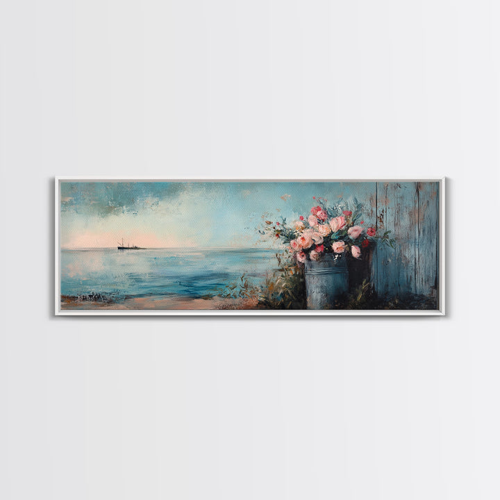 Blue Seascape With Flower Bucket Wall Art, Coastal Canvas Print, Beach House Decor, Ocean Landscape Housewarming Gift, Living Room Art