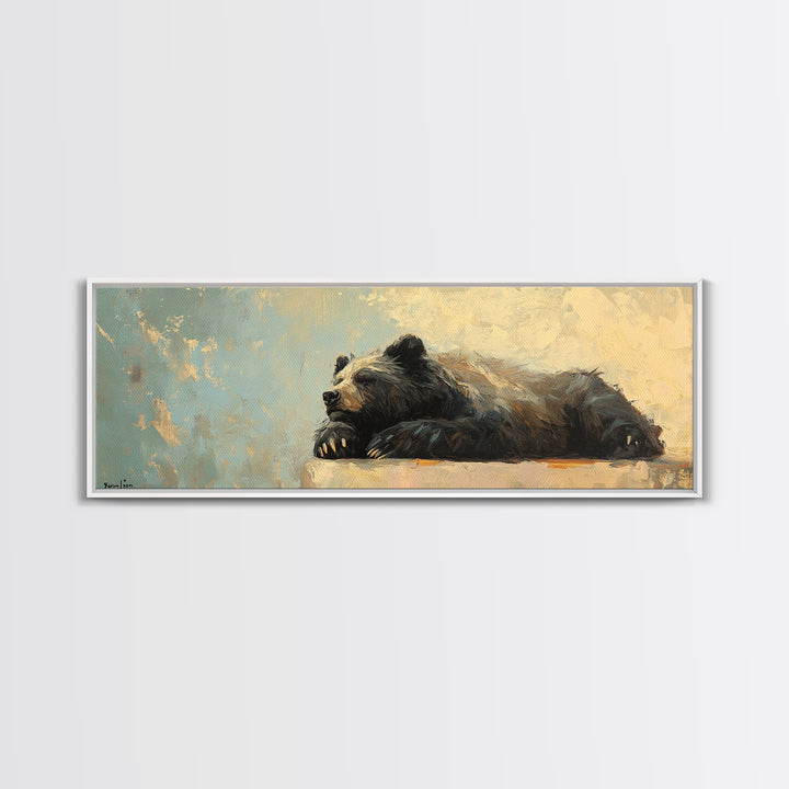 Resting Black Bear Oil Painting Framed Canvas Print, Rustic Wildlife Wall Art, Cabin Decor, Nature Lover Gift, Large Living Room Decor