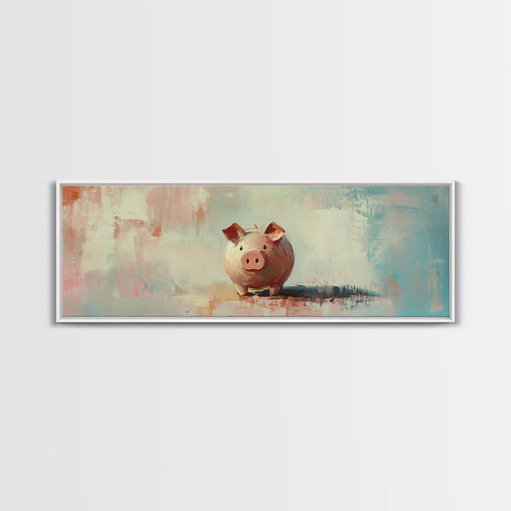 Pink Piggy Bank Oil Painting Canvas Print, Whimsical Wall Art, Cute Nursery Decor, Kids Room Art, Housewarming Gift, Fun