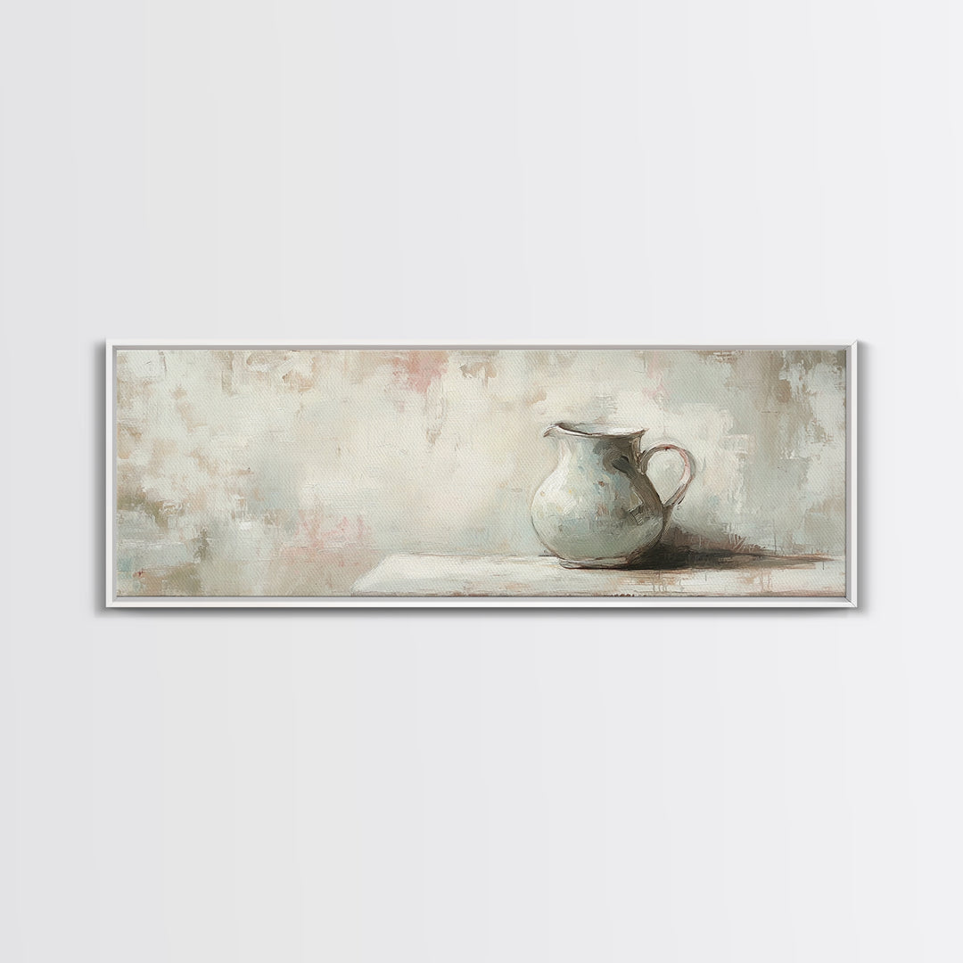 White Ceramic Pitcher Still Life Framed Canvas Print, Neutral Wall Art, Minimalist Kitchen Decor, Rustic Home Decor, Gift