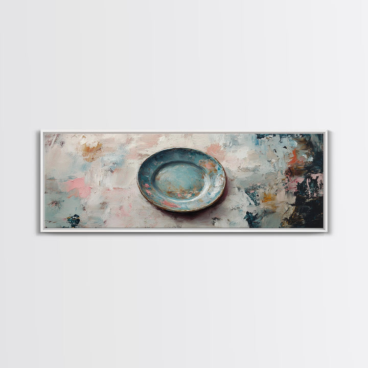 Weathered Blue Plate Wall Art, Minimalist Still Life Painting, Rustic Kitchen Decor, Textured Canvas Print For Dining Room